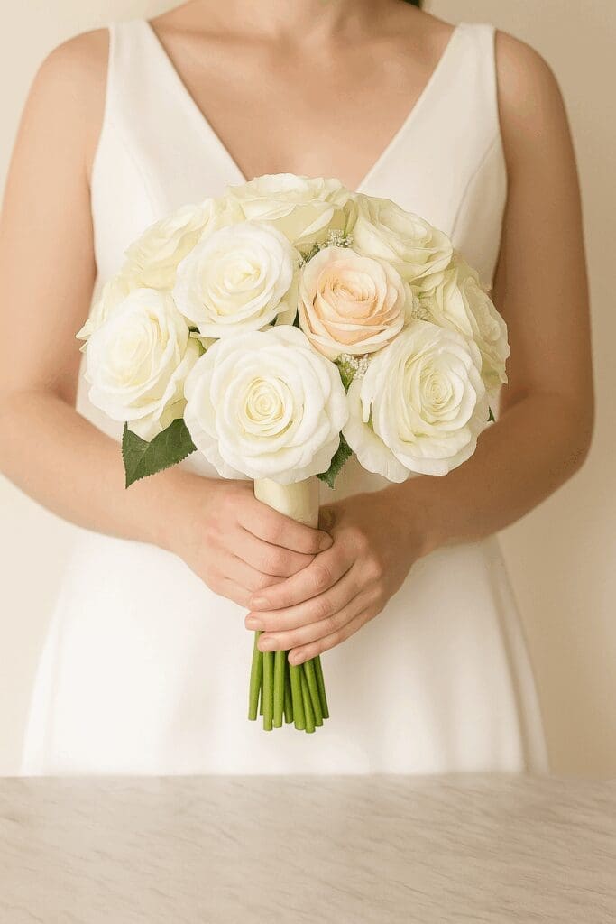 Bride holding the Classic Rose Dome Bridal Bouquet