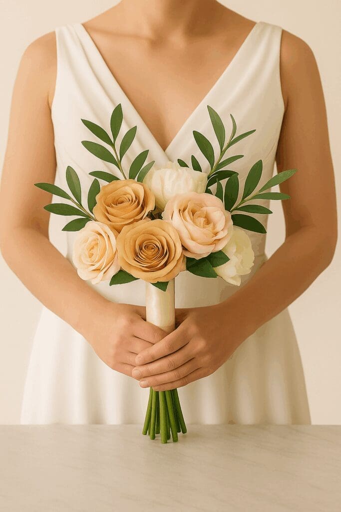 Bride Holding a Heirloom Garden Roses + Peonies Bridal Bouquet