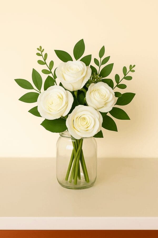 Modern Green Romance Roses and Eucalyptus Glass Jar Aisle Marker