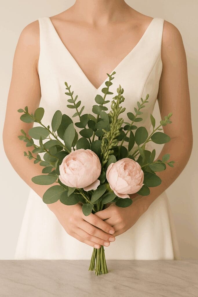 Bride holding the Peony Wild Garden Bridal Bouquet