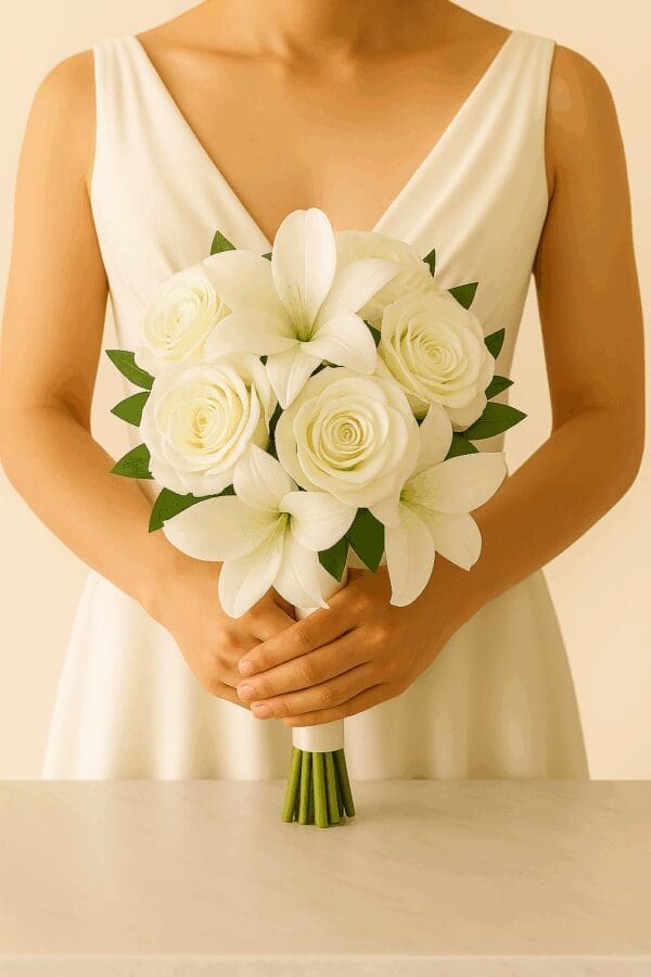 romantic ivory cascade roses and lilies bridesmaid bouquets