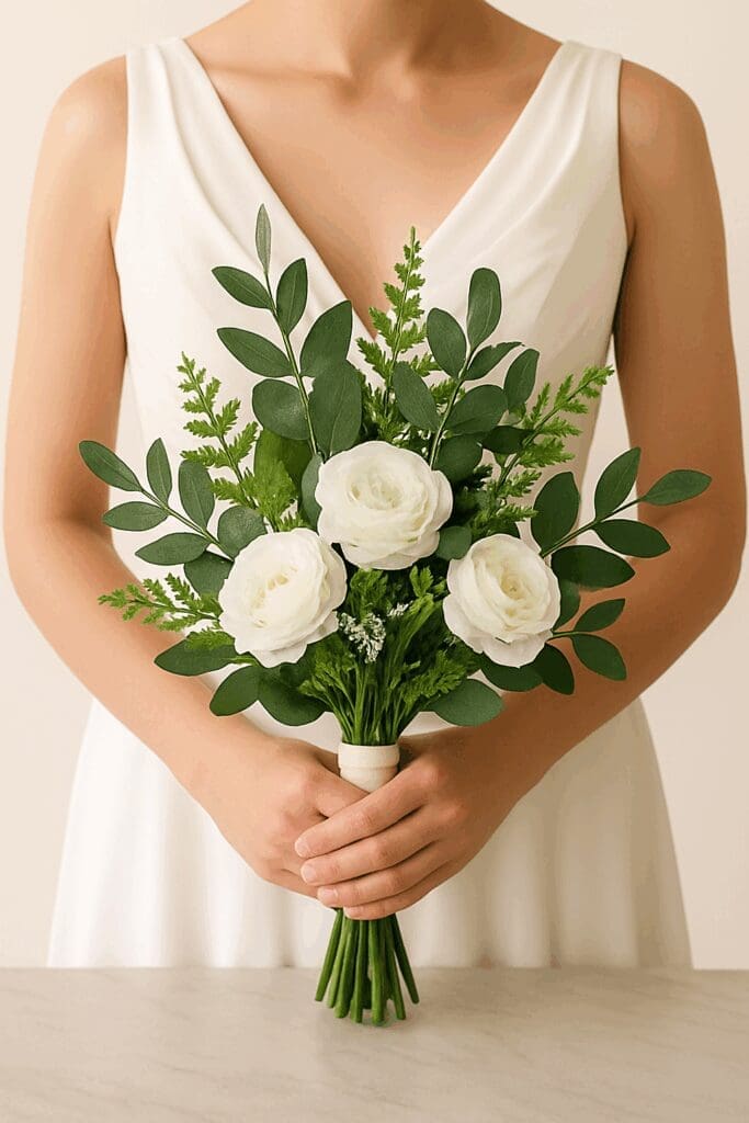 Bride holding the Whispers of White Eucalyptus & Greenery Bridal Bouquet