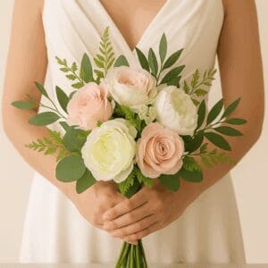 Bride holding a Wild Petal Greens Roses + Peonies Bridal Bouquet