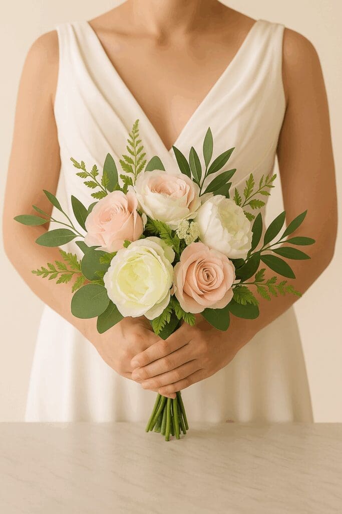 Bride holding a Wild Petal Greens Roses + Peonies Bridal Bouquet